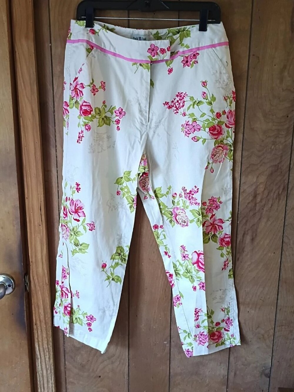 Duck Head Women's Floral Capri Pants Size 12 White Pink Cotton Spandex Stretch